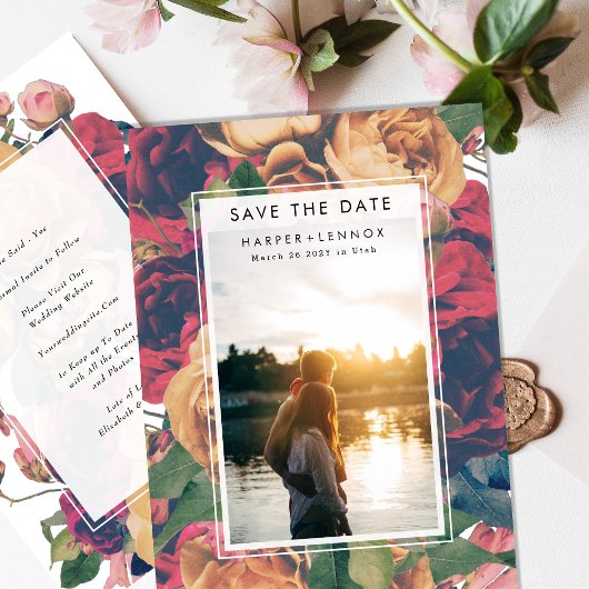 Moderne Lijst Boho Antiek Rozen Editable Foto Save The Date