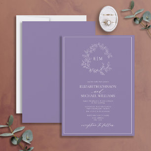 Moderne Lila lavender Leafy Crest Monogram Weddens Kaart