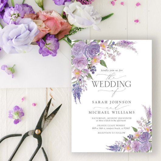 Moderne Lila lavender Mauve Script Floral Wedding Kaart