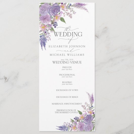 Moderne Lila lavender Mauve Script Floral Wedding Programma (Voorkant)