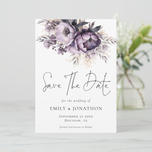 Moderne Lila Paarse Bloemen QR Code Trouwen Save The Date (Staand voorkant)