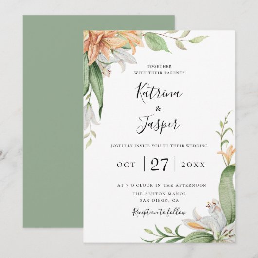 Moderne Lily Botanische Bloemen Bruiloft Kaart (Voorkant / Achterkant)