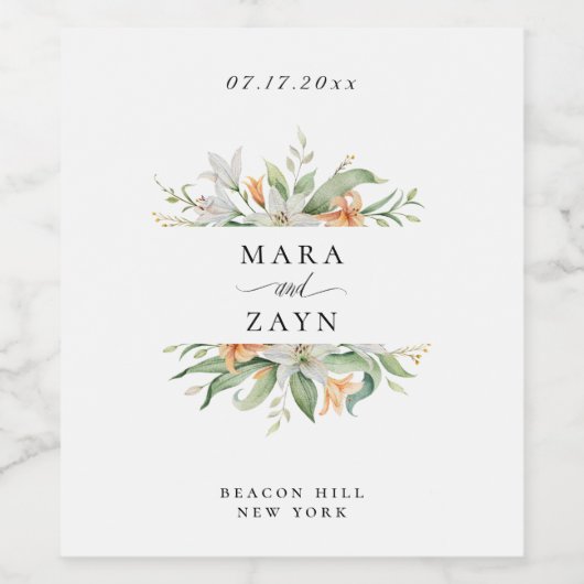 Moderne Lily Botanische Bloemen Bruiloft Wijn Etiket (Enkel label)
