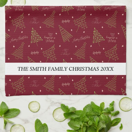 Moderne lineaire kerstbomen met familienaam theedoek (Gevouwen)