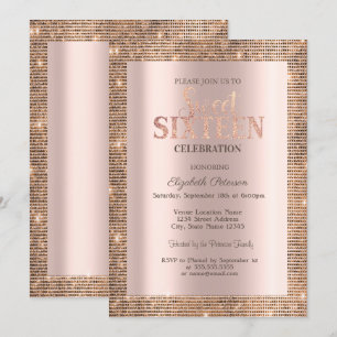 Moderne Lovertjes Frame Roze Goud Sweet 16 Kaart
