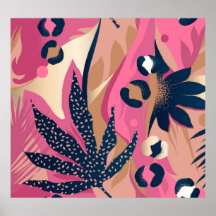 Moderne luipaard huid, exotische bloemen. poster