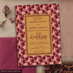 Moderne Lux Maroon Gouden Bloemen Huwelijksuitnodi Kaart