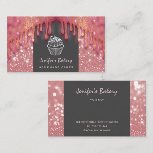 Moderne luxe glitterie druppelt schattige cakkerba visitekaartje (Voorkant / Achterkant)