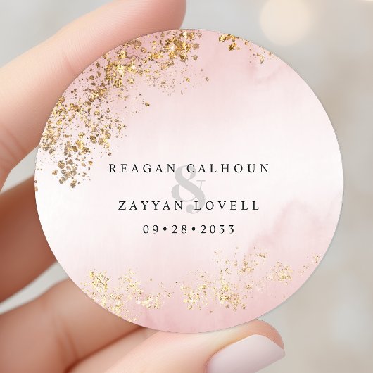 Moderne Luxe Gold Flecks Blush Pink Wedding Ronde Sticker