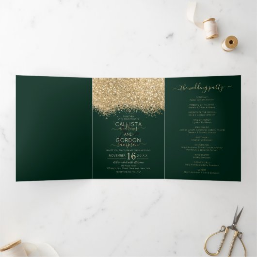 Moderne luxe gouden groene glitter confetti bruilo drieluik aankondiging (Binnen)