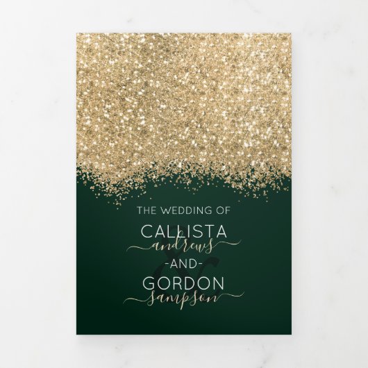 Moderne luxe gouden groene glitter confetti bruilo drieluik aankondiging (Cover)