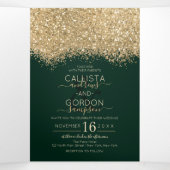 Moderne luxe gouden groene glitter confetti bruilo drieluik aankondiging (Binnenkant midden)