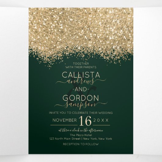 Moderne luxe gouden groene glitter confetti bruilo drieluik aankondiging (Binnenkant midden)