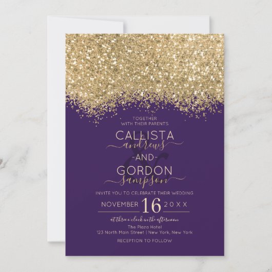 Moderne Luxe Gouden Violet Glitter Confetti bruilo Kaart (Voorkant)