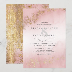 Moderne Luxe Gouden Vlekjes Blush Roze Mist Bruilo Kaart