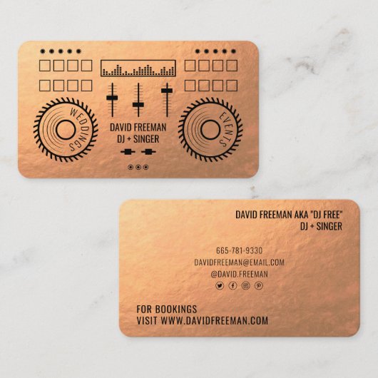 Moderne luxe koperen folie zwarte dj muziek draait visitekaartje (Voorkant / Achterkant)