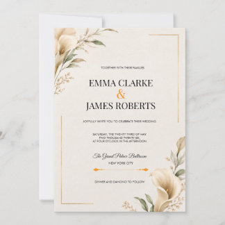 Moderne luxe trouwuitnodiging met beige bloemen kaart