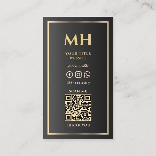 Moderne Luxe Zwart Goud Lijst Border Monogram Visitekaartje (Achterkant)
