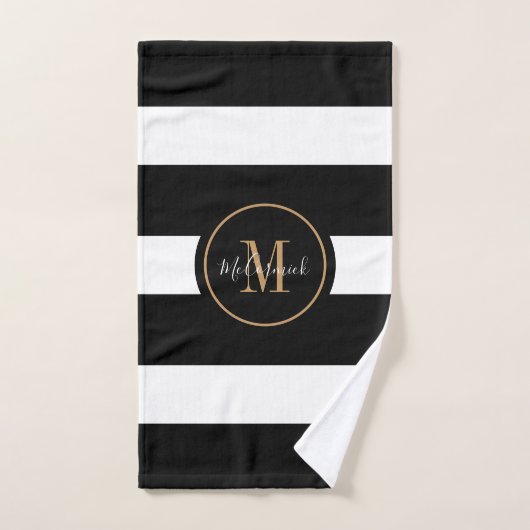 Moderne Luxe Zwart Wit Strepen Goud Monogram Handdoek (Handdoek)