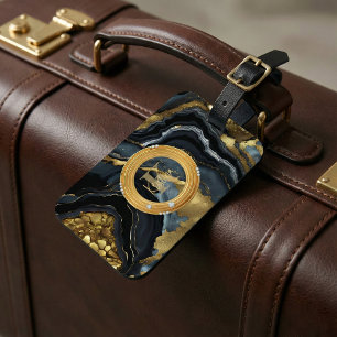 Moderne Luxe Zwarte Gouden Agaat Marmer Monogram Bagagelabel