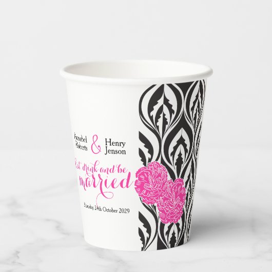 Moderne luxe zwarte witte en roze bruiloft papieren bekers (Achterkant)