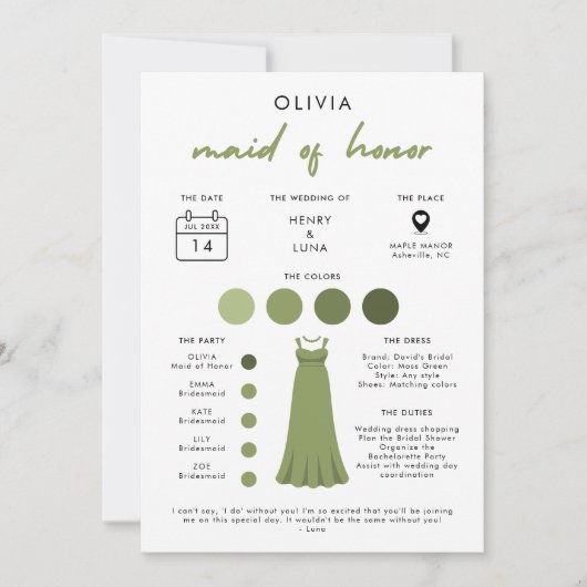 Moderne Maid of Honor Bruids Feest Info Kaart (Voorkant)