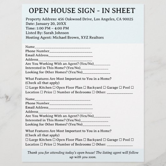 Moderne makelaar Open House Sign In Sheet Flyer (Voorkant)