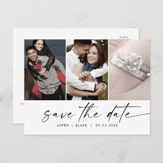 Moderne Manuscript 3 Foto sparen de Datum Uitnodiging Briefkaart (Voorkant / Achterkant)