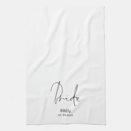 Moderne Manuscript Bride Name Date Keepomwille Theedoek (Verticaal)