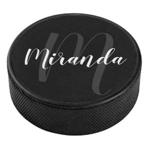 Moderne Manuscript Gepersonaliseerd Monogram en Na Hockey Puck