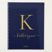 Moderne marine blauw en goud monogram planner (Voorkant)