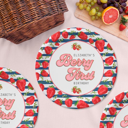 Moderne Marine Blauw en Witte Strepen Berry First Papieren Bordje