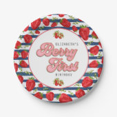 Moderne Marine Blauw en Witte Strepen Berry First Papieren Bordje (Voorkant)