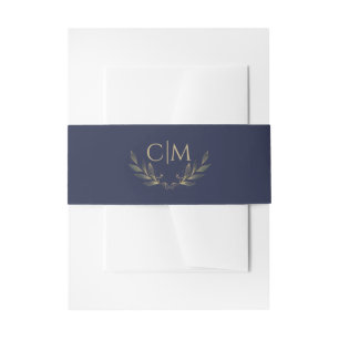 Moderne Marine Blauw Goud Blad Bruiloft Monogram Uitnodigingen Wikkel