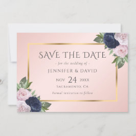 Moderne Marine Blauw Goud Blush Roze Bloemen Save The Date