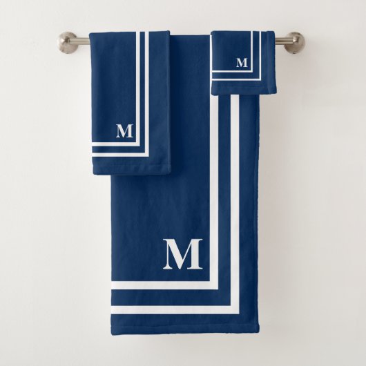 Moderne Marine Blauw Monogram Badhanddoek Set Bad Handdoek (Insitu)