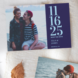 Moderne Marine Blauw Twee Foto's Trouwen Save the Date