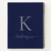 Moderne Marine Blauw Zilver Monogram Naam Notitieboek (Achterkant)