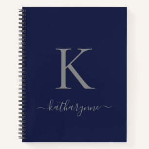 Moderne Marine Blauw Zilver Monogram Naam Notitieboek