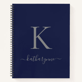 Moderne Marine Blauw Zilver Monogram Naam Notitieboek