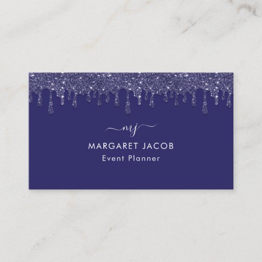 Moderne Marine Blauwe Glitter Drip Custom Visitekaartje (Voorkant)