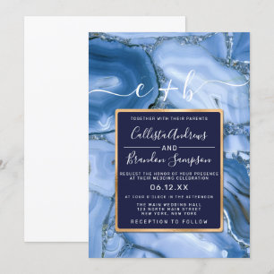 Moderne Marine Blauwe Marmeren Agaat Monogram Huwe Kaart