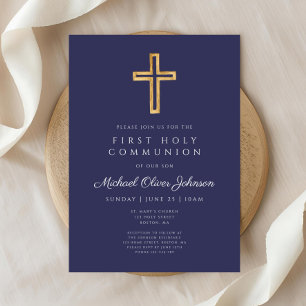 Moderne Marine Blauwe Religieuze Jongen Eerste Com Kaart