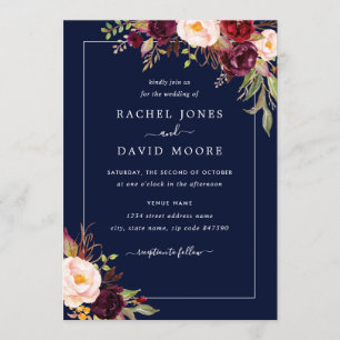 Moderne Marine Bloemen Huwelijksuitnodiging Kaart