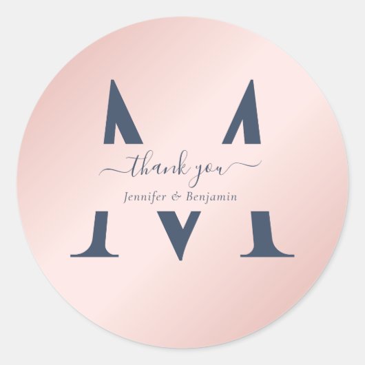 Moderne Marine Blush Monogram bruiloft gunst dank  Ronde Sticker (Voorkant)