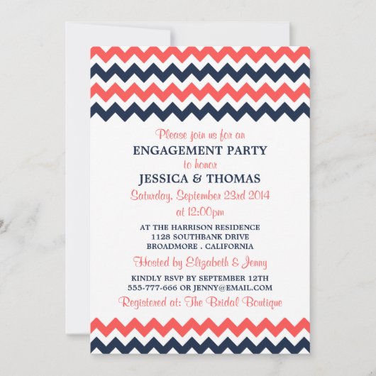 Moderne marine & Coral Chevron Engagement Party Kaart (Voorkant)