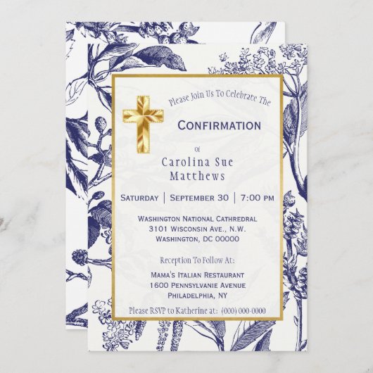 Moderne Marine en Witte Bladeren Bloemen Bevestigi Kaart (Voorkant / Achterkant)