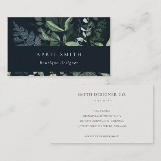 Moderne marine Green Leafy Tropical Foliage Fern Visitekaartje (Voorkant / Achterkant)