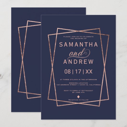 Moderne marine roos gouden script geometrische bru kaart (Voorkant / Achterkant)