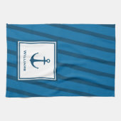 Moderne marine Striped Nautical Achternaam Anchor Theedoek (Horizontaal)